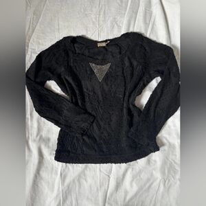 Black Lace Long Sleeve Top with Rhinestone Detail